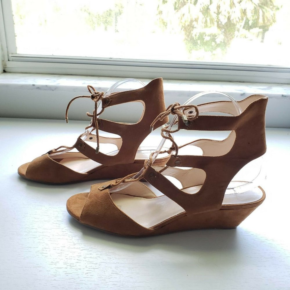 INC Tan Faux Suede Lace up Wedge Sandals - Picture 4 of 11